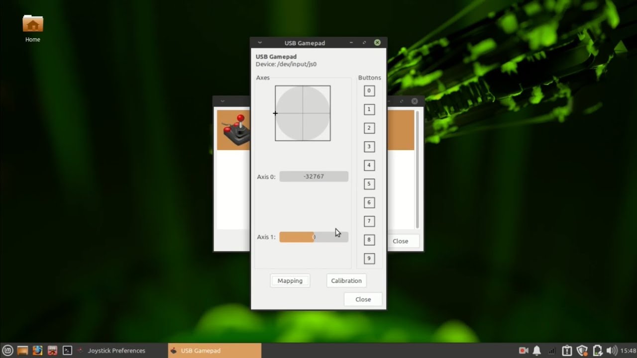 xpadneo - Linux joystick testing tool showing axis mapping and button inputs